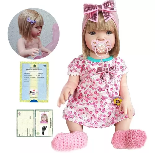 Boneca Bebê reborn menina 100% silicone pode dar banho criança