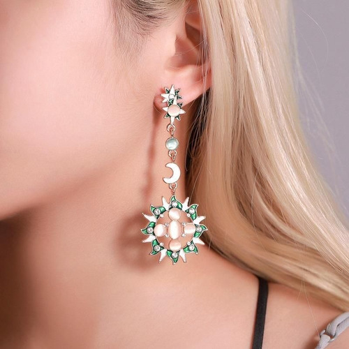 Aretes Largos Con Luna Y Sol Asimétrico Opal Moda 1par