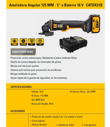Imagen 3 de 5 de Amoladora Angular 115mm Brushless 18v Cat Caterpillar Dx31b