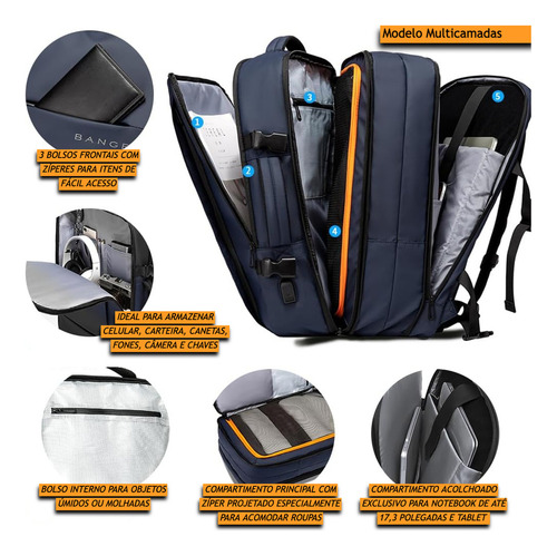 Bange Mochila Executiva Para Viagem Expansível Entre 27-40 Litros Cor Azul