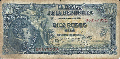 Colombia  10 Pesos Oro 1 Enero 1958