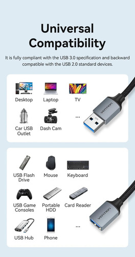 Cable Extensor Usb 3.0 Vention - Macho A Hembra - 1 Metro - 5 Gbps - Blindado Trenzado - Alargue Prolongador - Disco Rigido Carry Disk Impresora Teclado Mouse Pc Notebook Camara Tablet - Cblhf