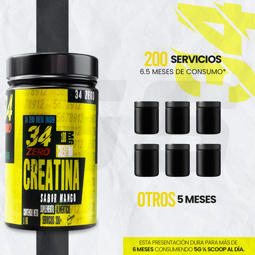 Creatina Monohidratada 34 Zero 1k 200 Varios Sabores Mango