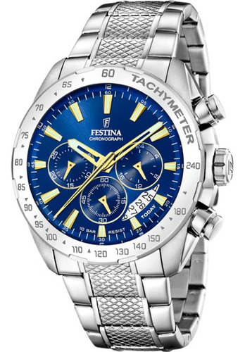 Reloj Festina Hombre Acero Azul Amarillo Chrono F20668.2 Malla Plateado Bisel Plateado