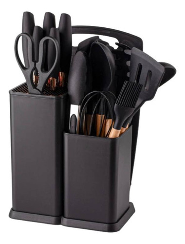 Set Kit 19 Utensilios Cocina Silicona Madera+cuchillos+tabla