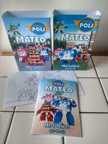 Souvenir Robocar Poli - 10 Bolsitas 10 Libritos Colorear