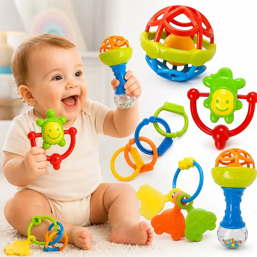 Kit Chocalho Bebe E Mordedores Para Recem Nascido 8 Peças Estímulo Sensorial Brinquedo Educativo