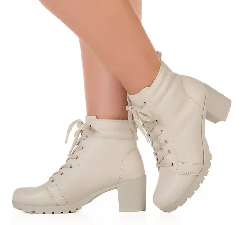 Bota Off White Coturno Feminino Casual Salto Baixo Tratorado