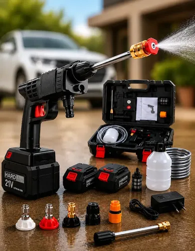 Lavadora De Alta Pressão Automotiva Lava Jato Portátil Sem Fio Hidrolavadora Recarregável Com 2 Baterias + Maleta Completa Bivolt Hardline Preta 127/220v 50hz/60hz