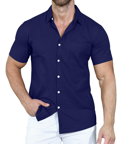 Camisa De Manga Corta Con Botones Casuales, Lisos, Doblados,