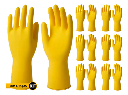 Kit 10 Luva Latex Multiuso Amarela Limpeza Pesada M