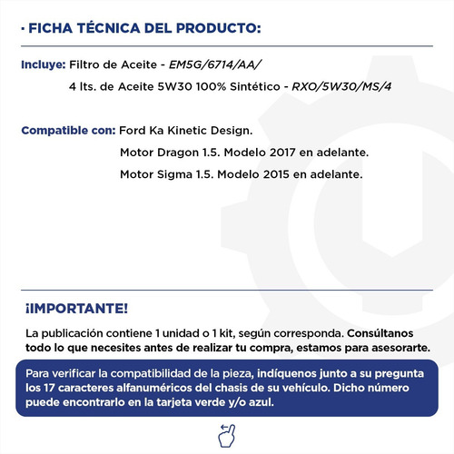 Kit Aceite Motorcraft 5w30 Sintético + Filtro Aceite Ford Ka