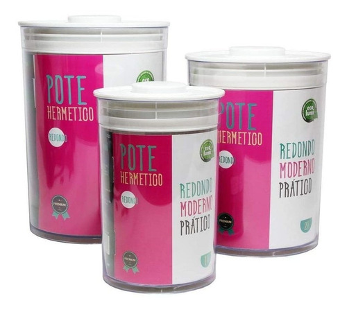 Kit 3 Potes Redondos Tampa Com Pressão Para Alimento Premium
