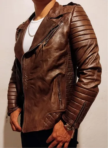 Chamarra Biker De Piel Para Hombre Chaqueta Cuero Caf Slim