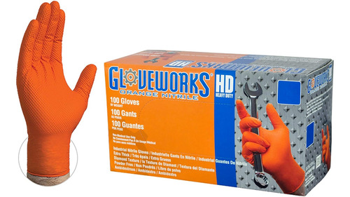 Guantes Industriales De Nitrilo Naranja Gloveworks Hd Con El