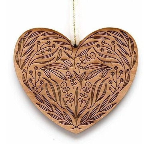 Adorno Navidad Corazon Floral Corte Laser Ornamento Madera