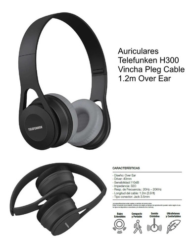 Auricular Plegable Telefunken Tf-h300 Over Ear Cable 1,20m