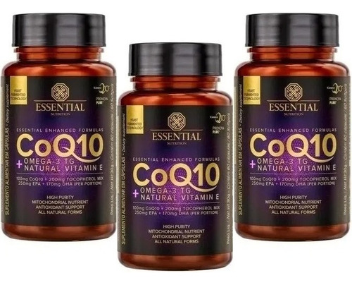 Kit 3x Coq 10 Ômega 3 Tg Essential (coenzima Q10) 60 Caps Sabor Natural