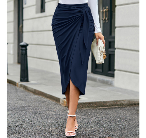 Falda Midi Arrugada Con Abertura Lateral Para Mujer