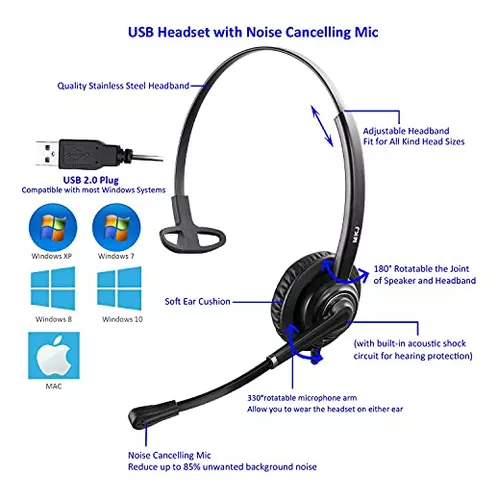 MKJ Auriculares USB con micrófono de cancelación de ruido y controlador de  volumen Auriculares con cable para computadora PC portátil, auriculares