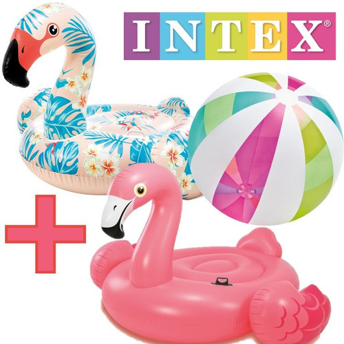 2 Flamingos Salvavidas Y Pelota Gdes Intex Inflables Alberca