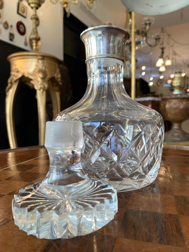 Imagen 2 de 5 de Antiguo Botellón De Cristal Facetado Y Cuello Bañado Plata