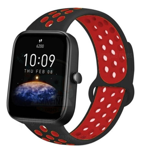 Pulseira Silicone Esportiva Com Furos Para Amazfit Bip 3 Pro Cor Preto Com Vermelho