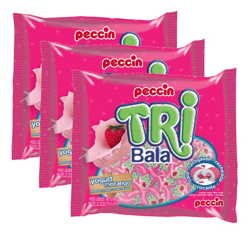 Kit 3 Bala Recheada Peccin Tribala Yogurt Morango Saco 500g