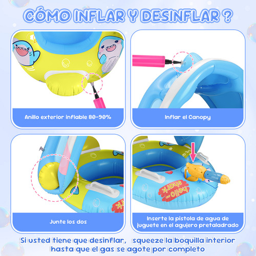 Flotador Salvavida Bebé Flotador de Piscina Niños Inflables Anillo De Natación Bandas del Brazo Inflables Pistola De Agua UPF50+ Toldo Solar Bomba Manual Juguete para Playa