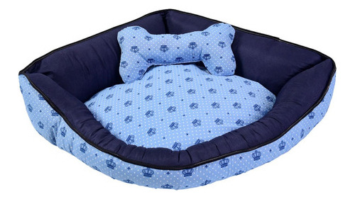 Colchonete Cama Pet Caminha Casa Laura Enxovais Coroa Azul Marinho Com Almofada Ossinho Estampado Luxo 100% Algodão Tamanho Extra Grande