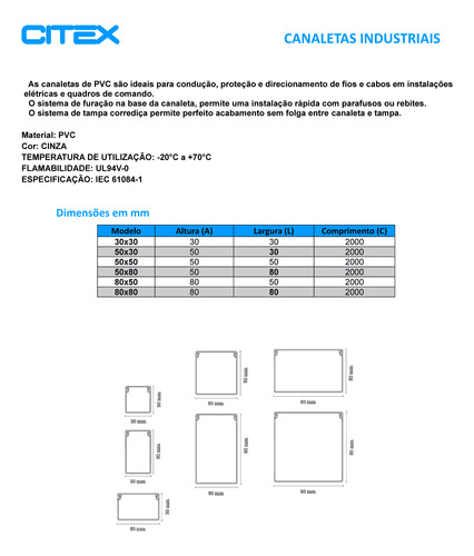 Canaleta Pvc 30x30 2000mm (axlxc) Total Aberta Com 10 Peças