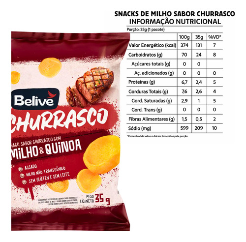 Snack De Milho e Quinoa Sabor Churrasco Zero Lactose/Glúten Belive 35g