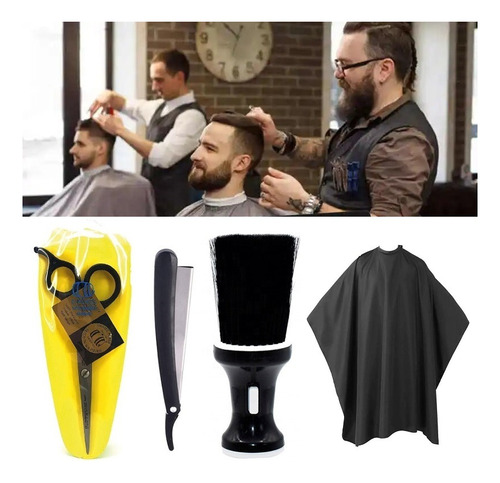 Combo Kit Barberia Peluqueria Tijera Navaja Brocha Capa Set