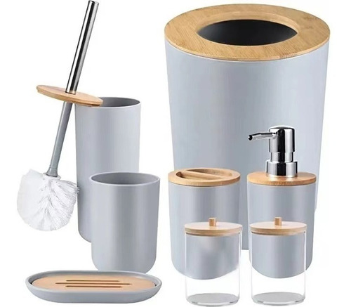 Juego De Accesorios De Baño De Madera De Bambú Gris, 8 Pzs