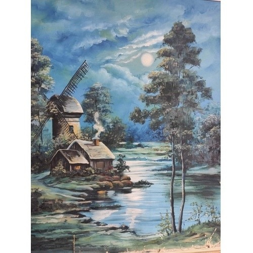 Quadro Pintura A Óleo Paisagem Moinho Anos 80 Para Restaurar