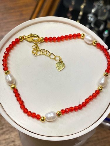 Luli Pulsera Cristal Spinel Rojo Rubí Perlas Río Legitimas