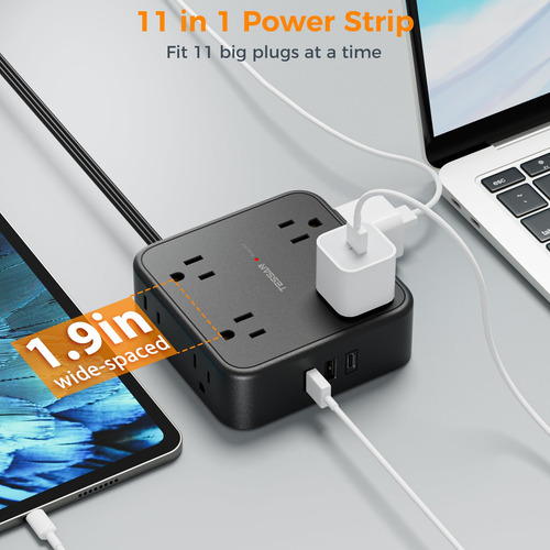 Cable De Extensión Tessan De 25ft Con 8 Salidas Ca Y 3 Usb