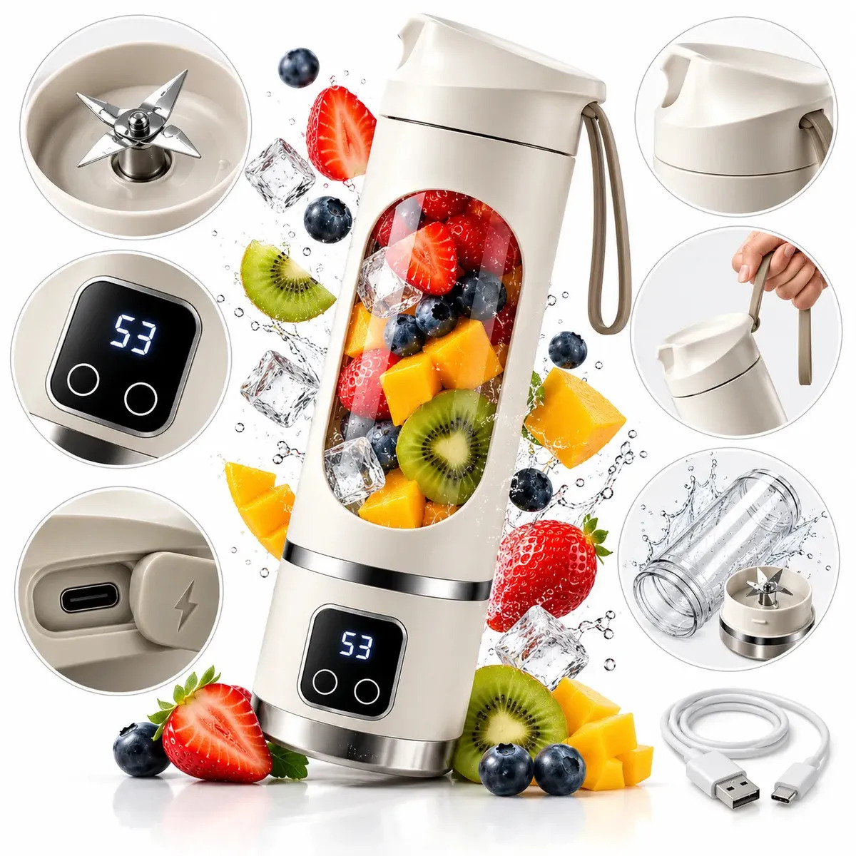 Liquidificador Portátil 450ml Recarregável USB Mini Mixer Copos Bivolt Elétrico Para Vitaminas Sucos Shake Academia Viagem Cozinha Prático Potente Fácil De Usar Compacto