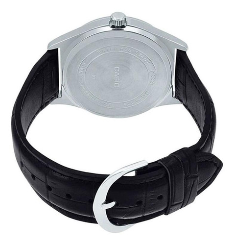 Reloj de pulsera Casio Enticer MTP-V001 de cuerpo color plateado, analógico, para hombre, fondo plateado, con correa de cuero color negro, agujas color plateado, dial negro, minutero/segundero negro, bisel color plateado y hebilla simple
