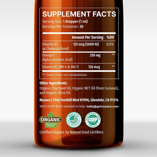 Gotas Orgánicas De Vitamina D3 K2 Con Aceite Mct + Omega 3