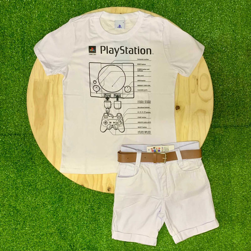 Bermuda Branca C/ Camiseta Branca Playstation Cinto Infantil
