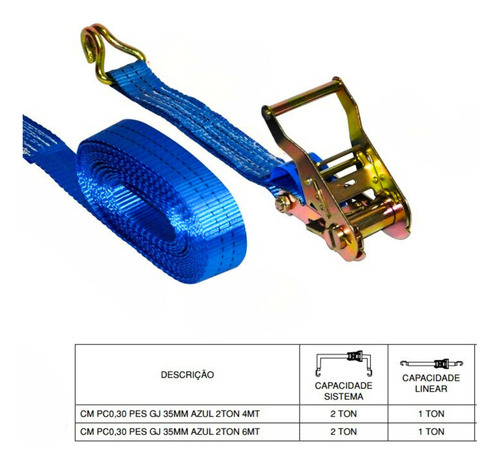 Cinta E Catraca 2 Toneladas 35 Mm 4 Metros Gancho J Cor Azul Amarração Carga Caminhão Reforçada