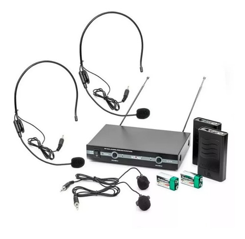 Kit Microfone Vhf Sem Fio Auricular Cabeça Headset Lapela Cor Preto 110V/220V