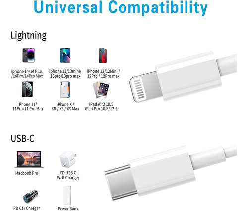 Cable Usb C A Lightning Rctech, Paquete De 3 M Mfi Para Ipho