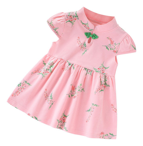 Vestido Para Bebe De Floral Manga Corta Con Moño Cheongsam