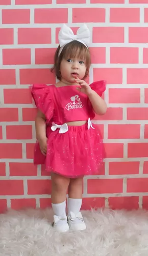 Romper Barbie Lantejoula Body Salopete Fantasia Vestido Saia Jardineira  Roupa Infantil Bebê Pink Rosa