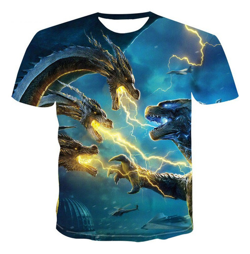 Men Camiseta De Manga Corta Con Estampado 3d De Godzilla