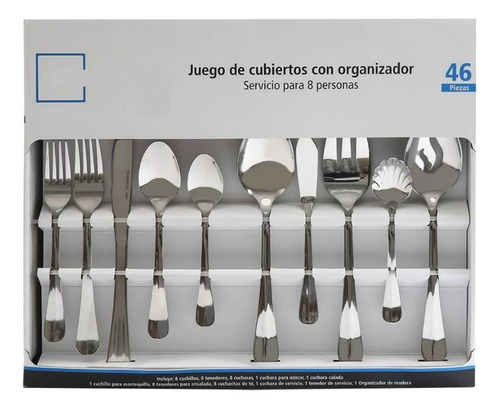 Juego De Cubiertos 46 Piezas Incluye Organizador De Madera Color Plateado