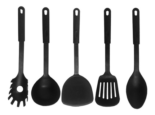 Imagen 1 de 6 de Utensilios De Cocina Nylon Negro 6 Piezas Espátula Cucharon