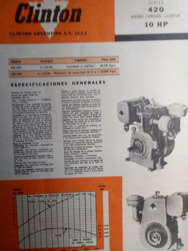 Antiguo Catálogo Motor Grupo Clinton 10 Hp 420 - Año 1966